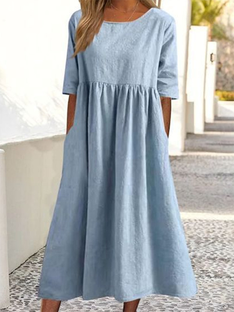 New round neck 5-quarter sleeves large size casual loose long solid color dress