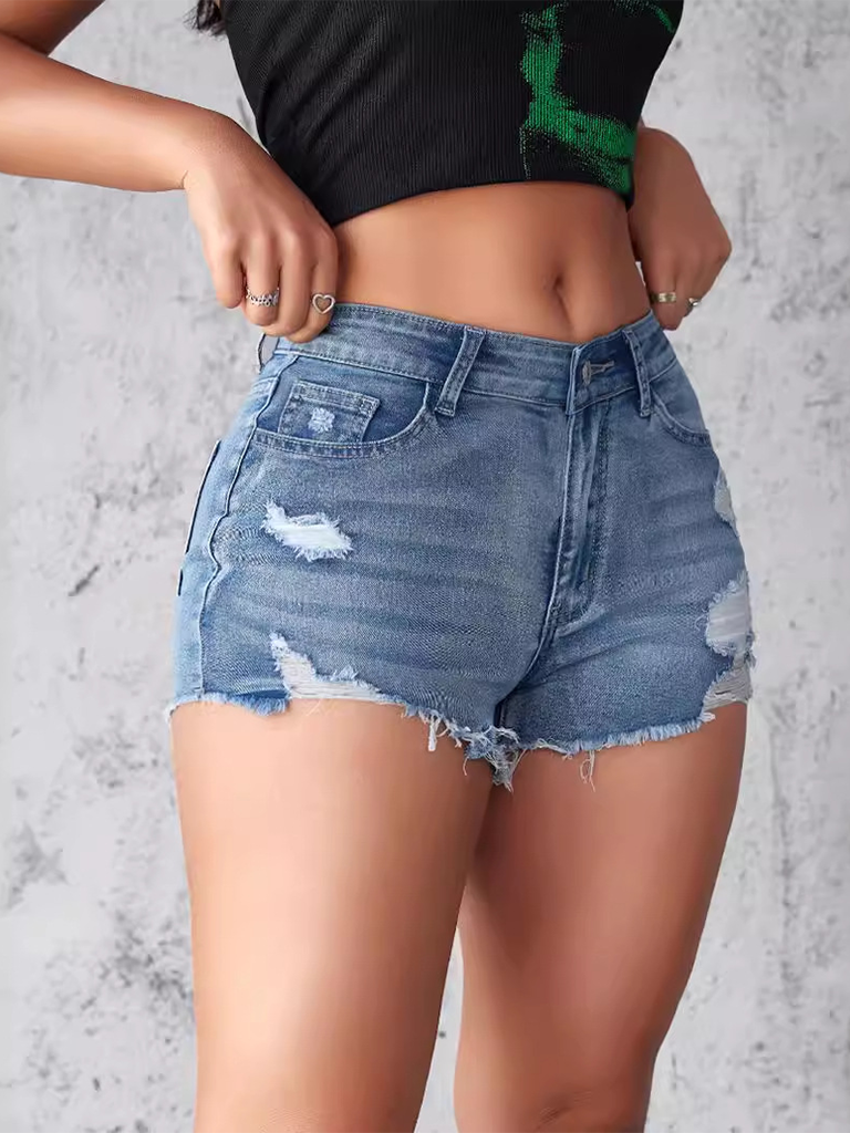 Distressed Denim Shorts Women's Slim Personalized Street Raw Edge Hot Pants