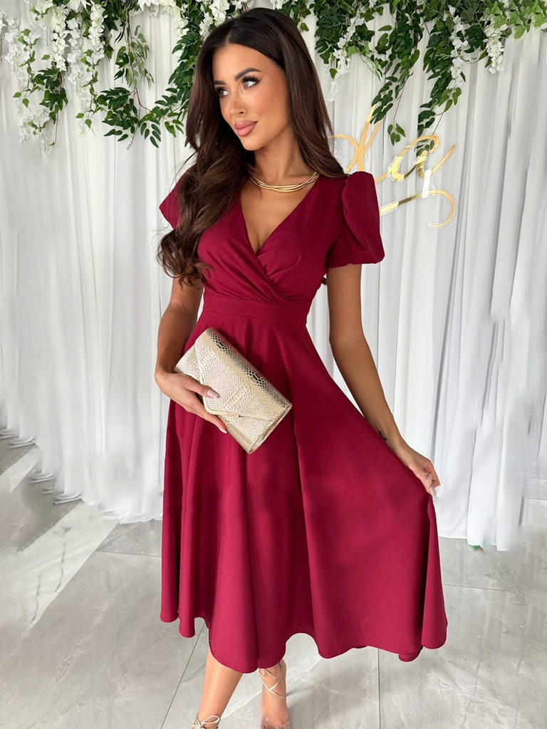 New Commuting Solid Color V-Neck Waist Puff Sleeve Swing Dress