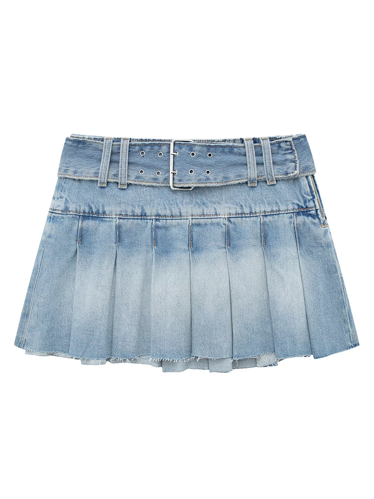 New women's casual belted wide pleated denim skirt