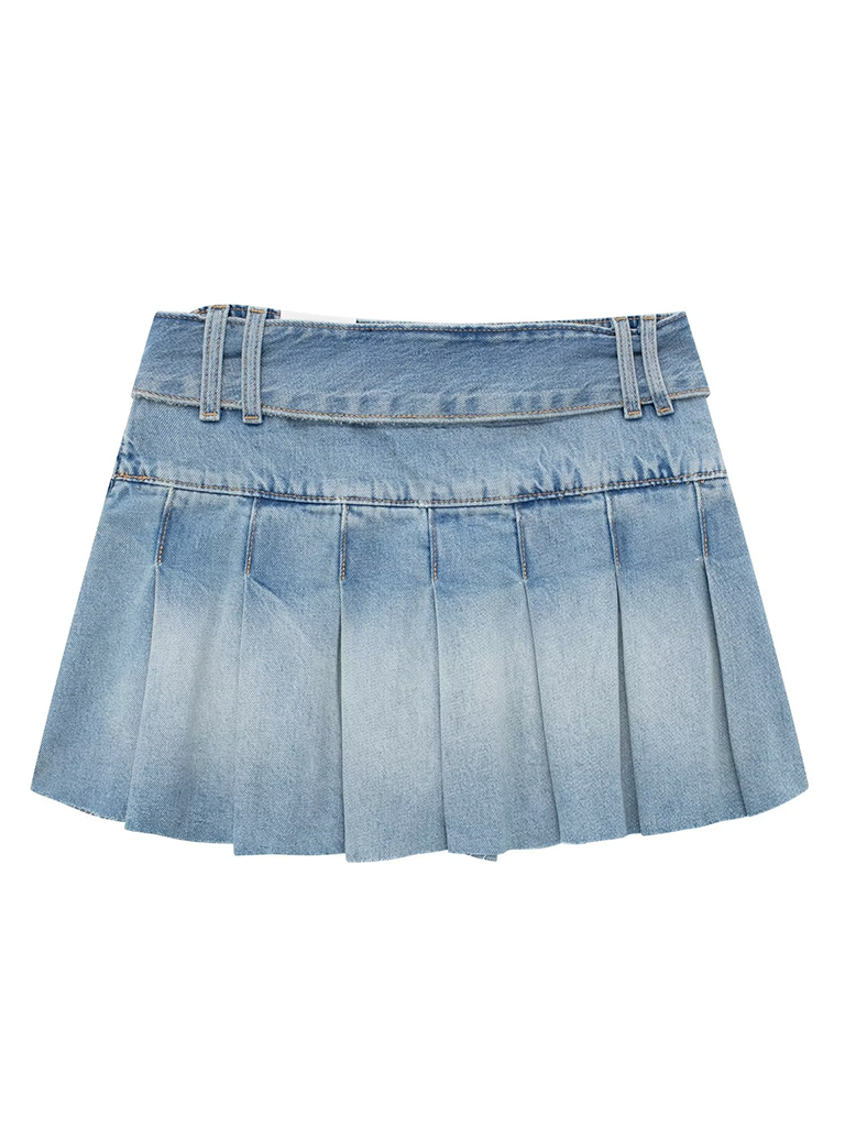 New women's casual belted wide pleated denim skirt