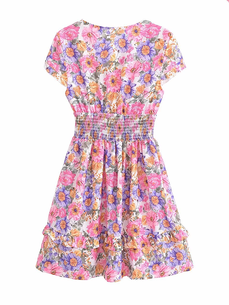New French floral chest tie waist stitching A-line skirt short-sleeved dress