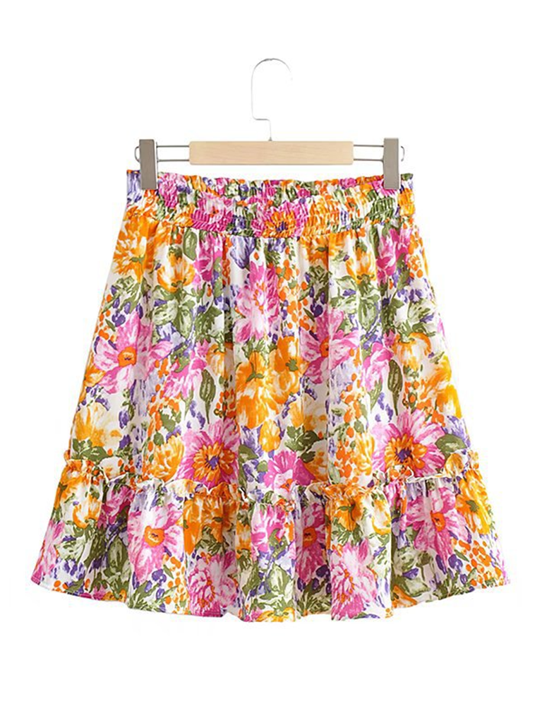 French retro floral suspenders and elastic high waist skirt printed ruffle skirt suit