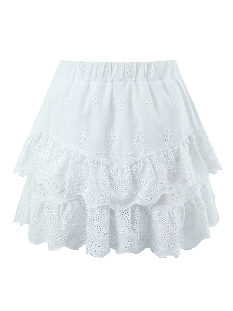 New French lace embroidery elastic waist lace A-line skirt