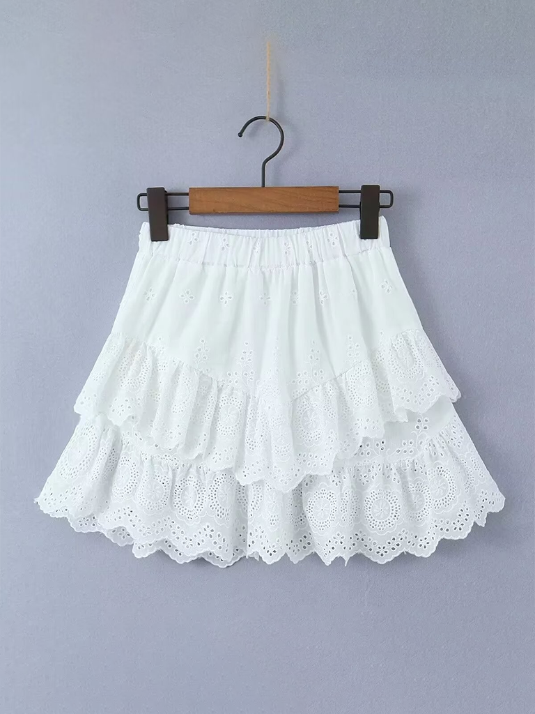 New French lace embroidery elastic waist lace A-line skirt