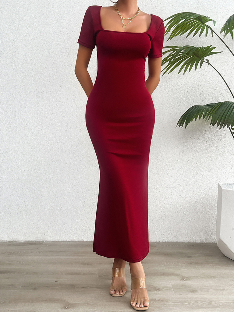 Fashion solid color slim short sleeve dress