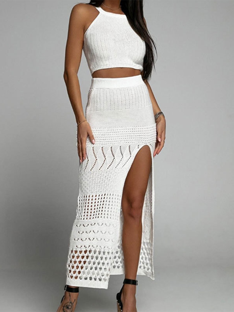 Hollow bikini cover-up cropped top + split hip-covering skirt two-piece set