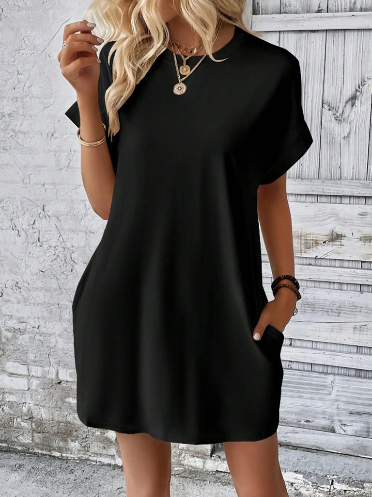 New spring and summer solid color round neck loose short sleeve pocket dress