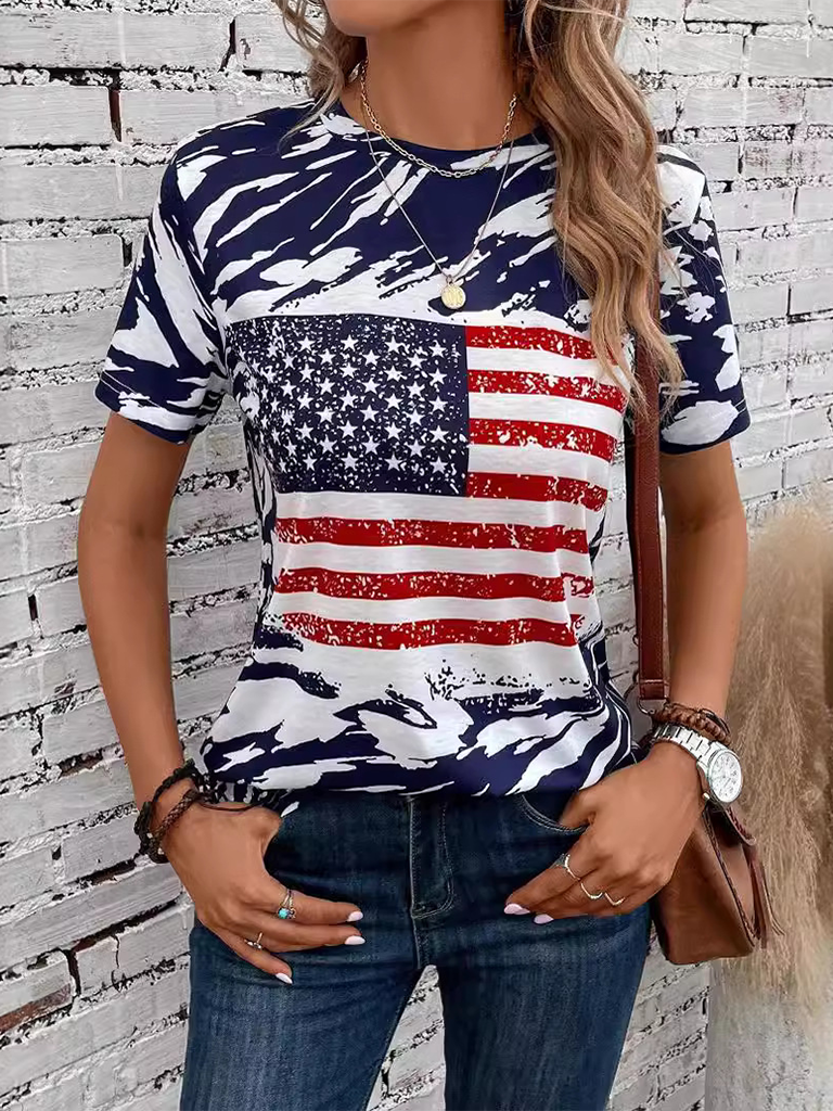 New American Independence Day Women's Flag Printed Round Neck Casual Short Sleeve T-Shirt