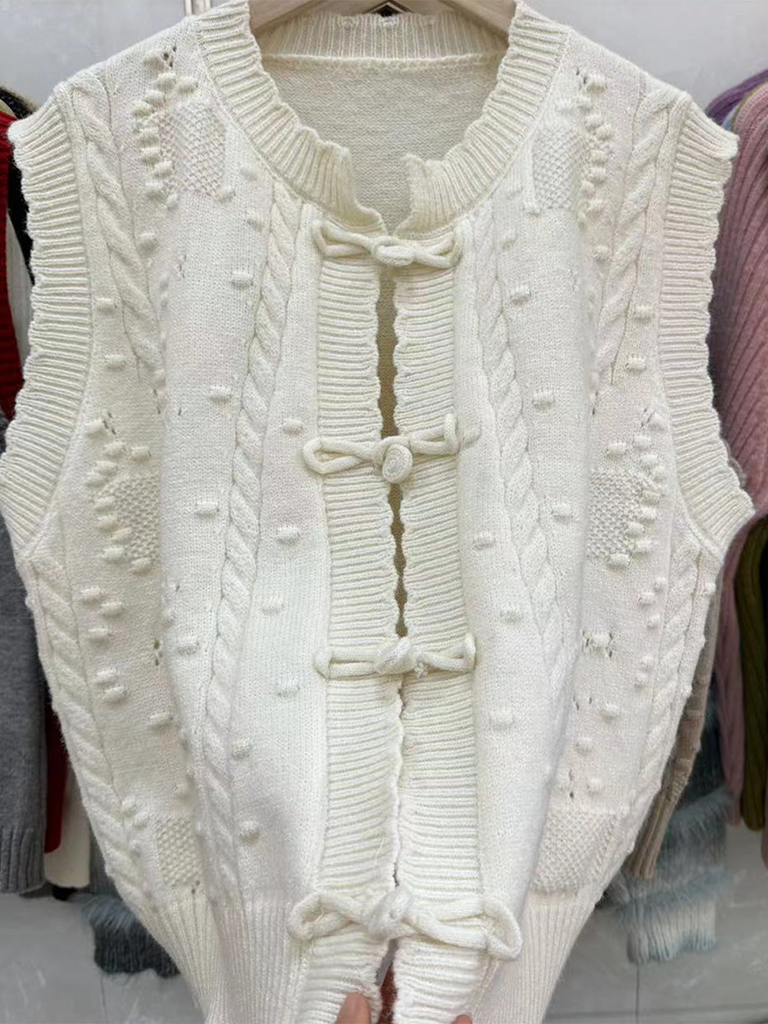 Three-dimensional buckle design lace collar knitted vest loose soft waxy layered top vest