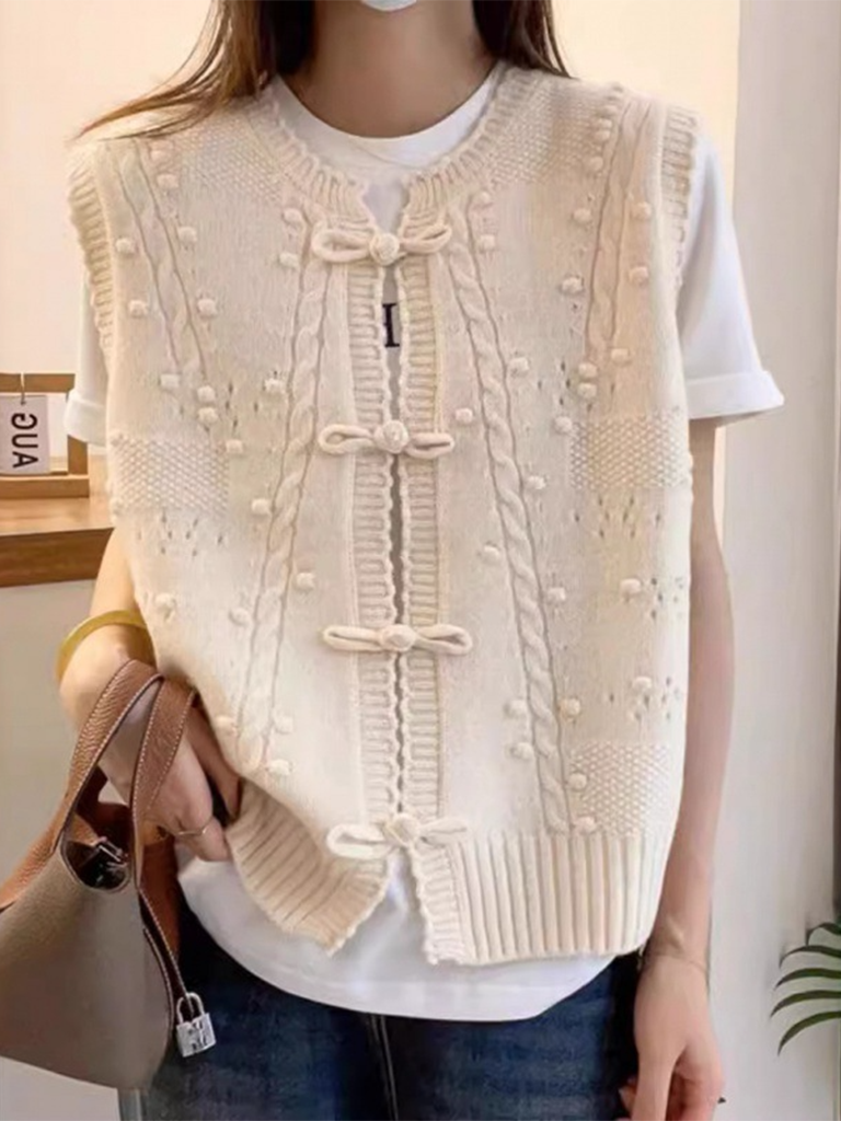 Three-dimensional buckle design lace collar knitted vest loose soft waxy layered top vest