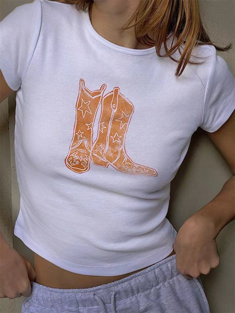 Fashionable hot girl style printed loose casual navel-baring short-sleeved T-shirt