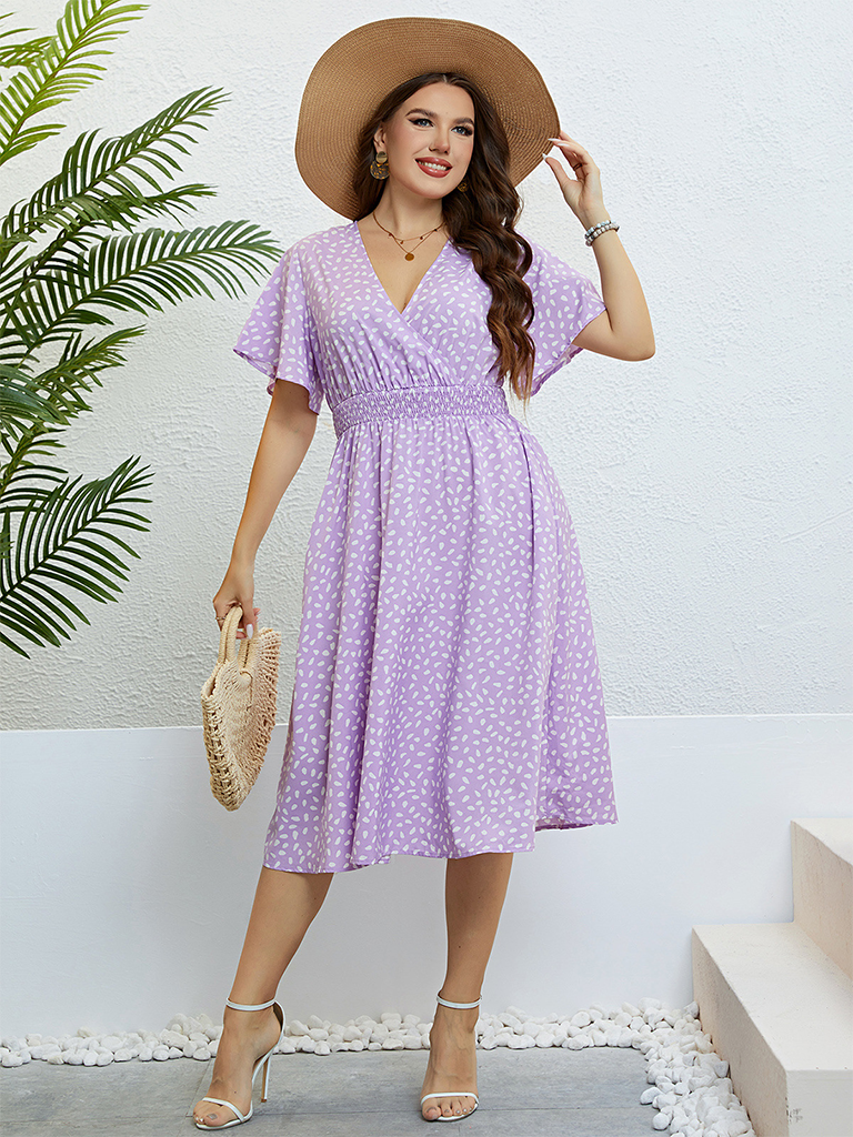 Plus size summer V-neck purple loose dress