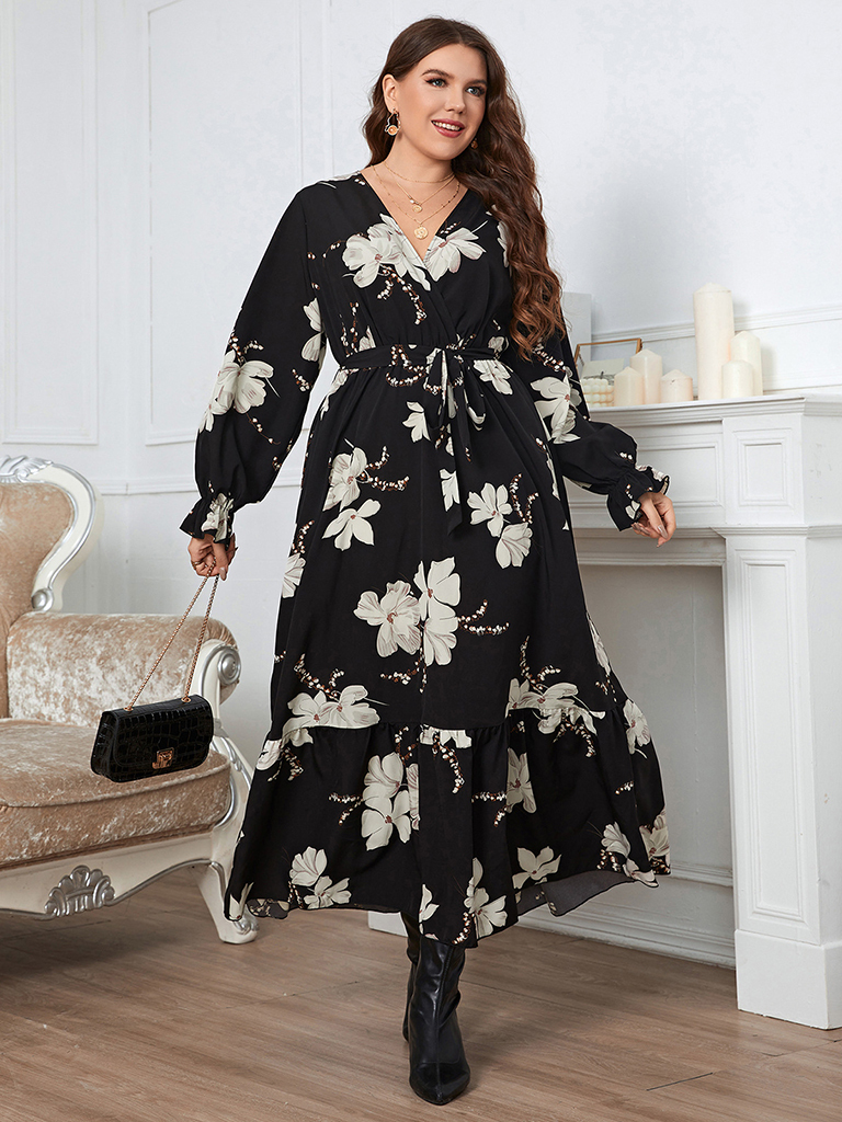 Elegant Printed V-Neck Petal Sleeve Dress for Women Plus Size