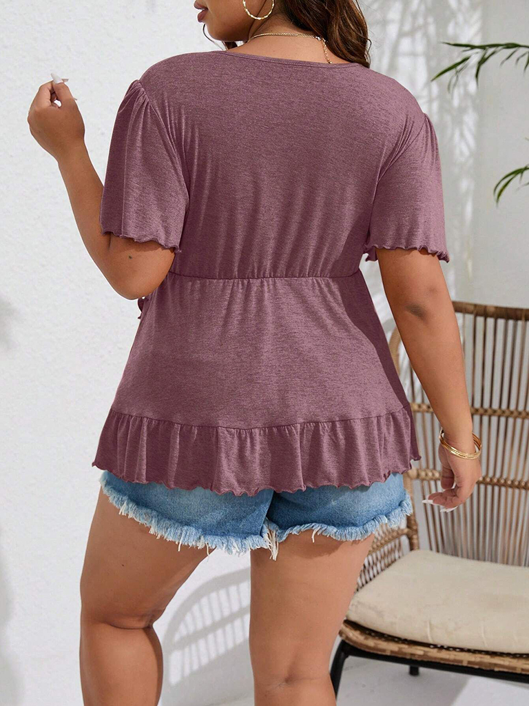 Plus size women's solid color V-neck short-sleeved tops