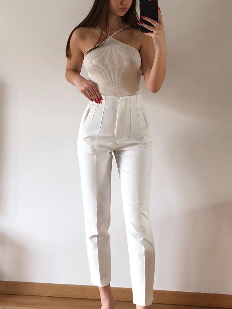 Women's Solid Color High Waist Trousers Slim Casual Pants