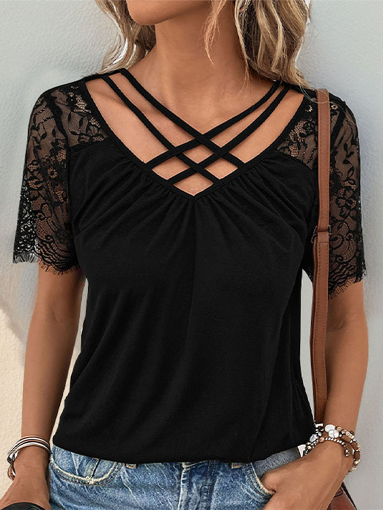 New V-neck basic casual T-shirt lace stitching short-sleeved T-shirt top