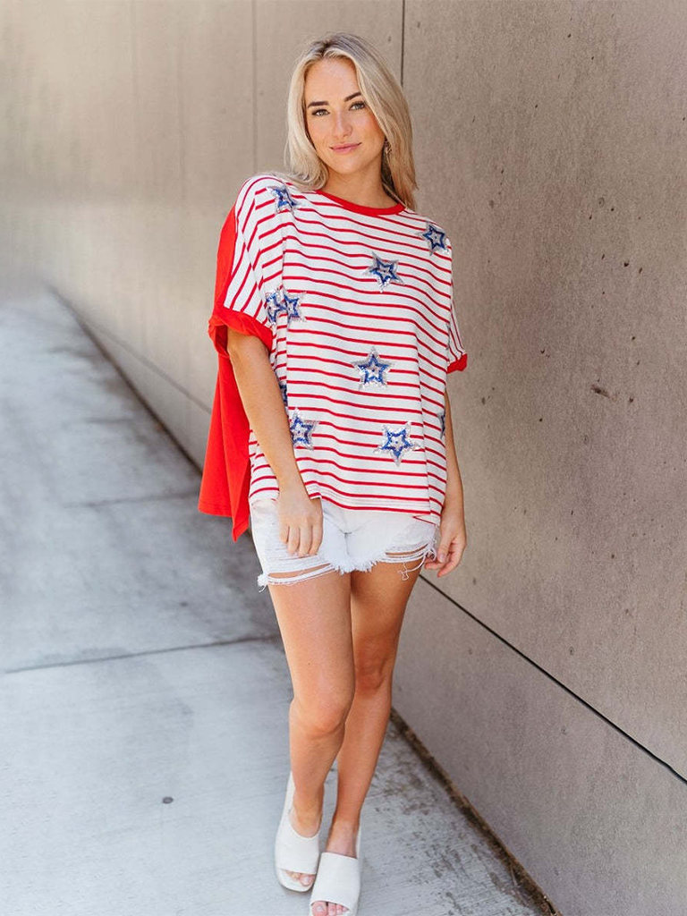 Sequined Star Stripe Short Sleeve Independence Day Top Loose T-Shirt