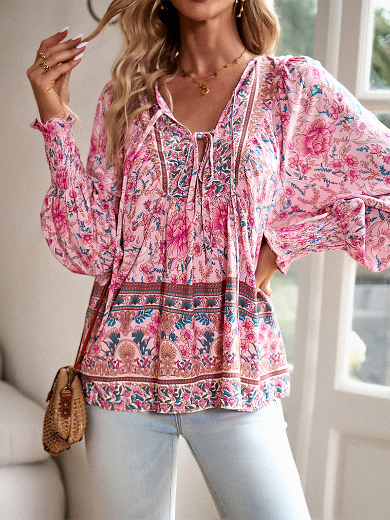 New casual printed v-neck long-sleeved top
