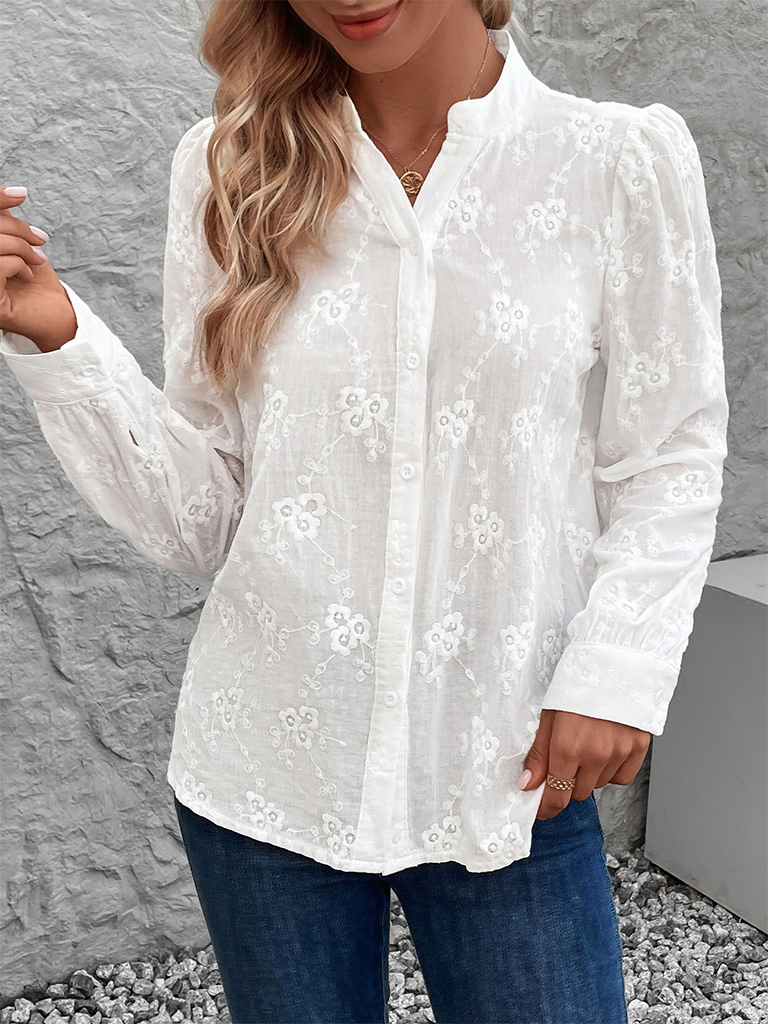 Women's Cardigan Shirt Long Sleeve Hollow Lace Top Jacquard Shirt