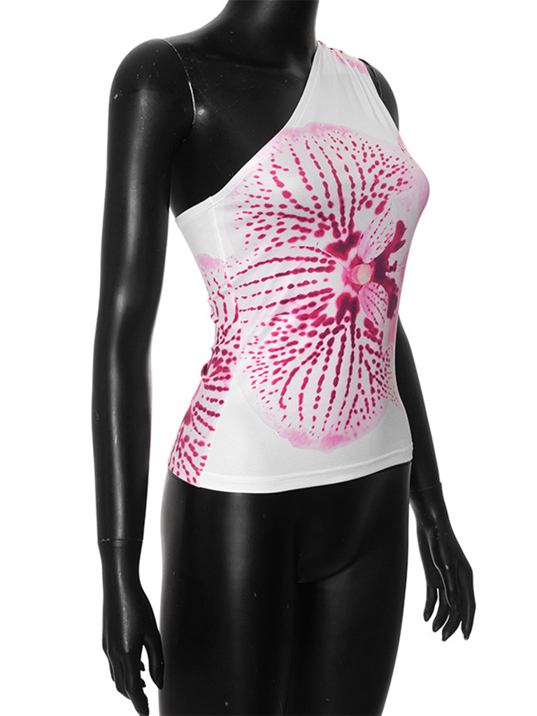 New floral lily print slant neck one shoulder sleeveless vest top