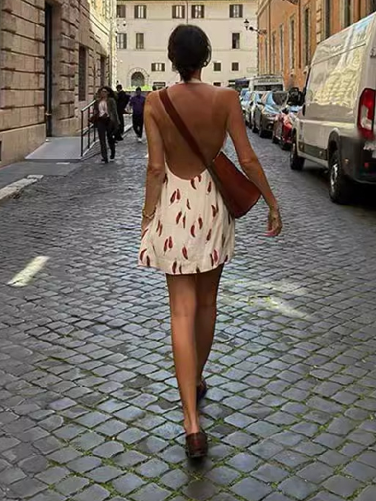 Sexy backless red pepper print sleeveless halterneck short dress