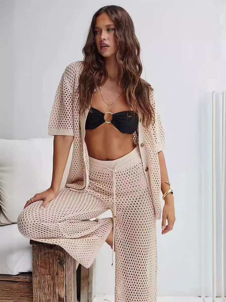 Fashionable sexy comfortable mesh buttoned woolen trousers and short-sleeved shirt suit