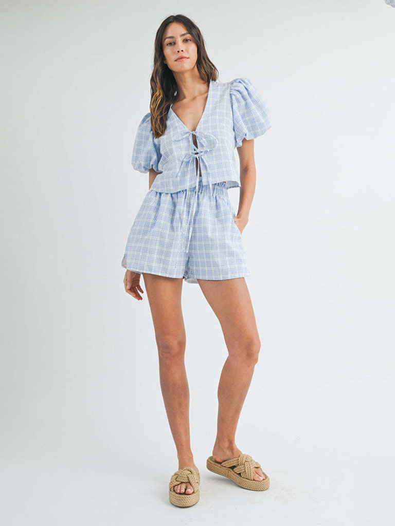 V-neck tie bow puff sleeve top casual shorts plaid two-piece suit