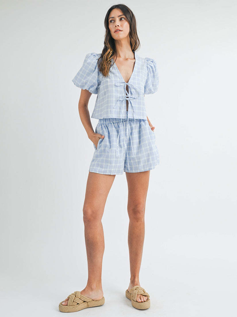 V-neck tie bow puff sleeve top casual shorts plaid two-piece suit