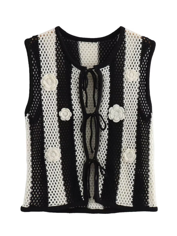 New patchwork hand-appliqué lace-up knitted vest-chiquechics