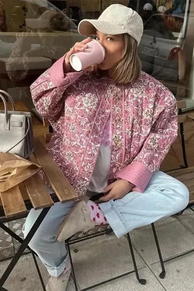 Floral Print Round Neck Jacket Cotton Jacket