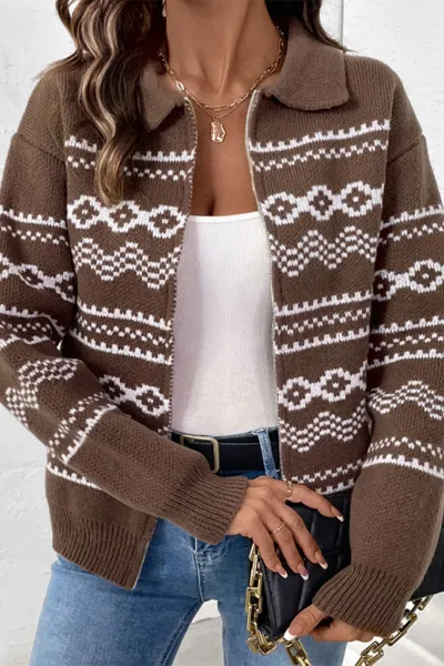 Lapel casual ethnic style jacquard zipper sweater cardigan