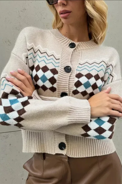 Women's Casual Diamond Jacquard Knit Cardigan
