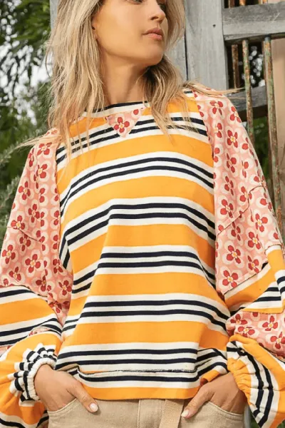 Women's Colorblocking Printed Top Casual Loose Long Sleeve Sweatshirt