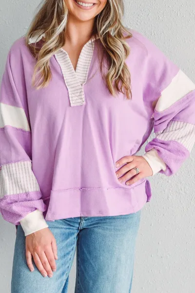 Women's Sweatshirt OversizedPolo Neck Striped Colorblocking Top