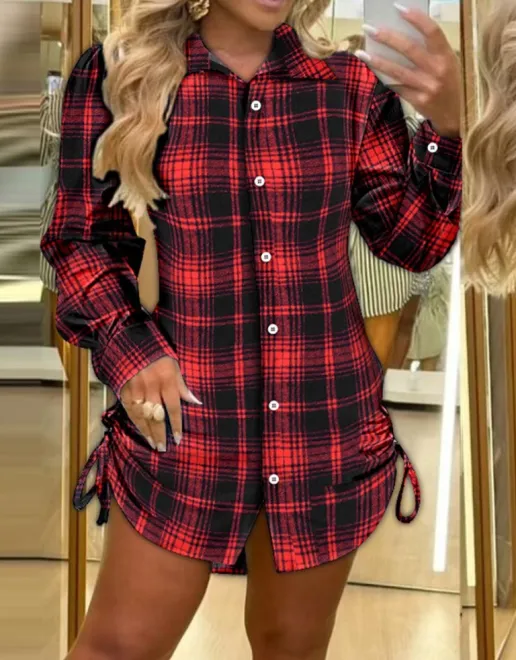 Fashionable plaid shirt dress with drawstrings on both sides