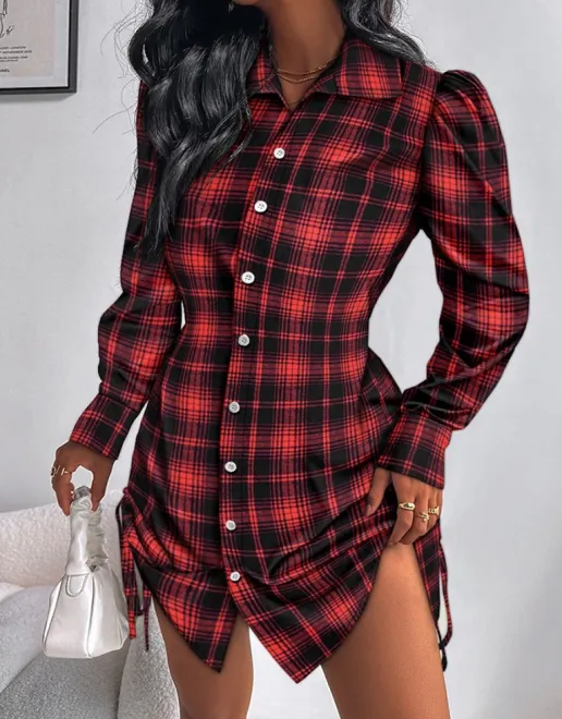 Fashionable plaid shirt dress with drawstrings on both sides