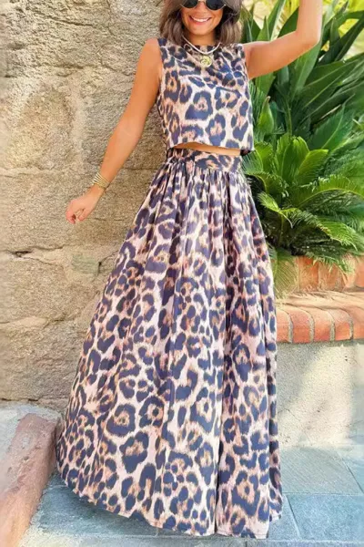 Casual Leopard Printed Top + Half Body Skirt Two Piece Set