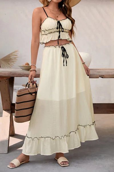 New casual seaside holiday suit bow lace sling two-piece set