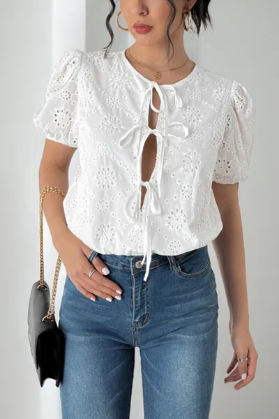 Hollow jumpsuit bow tie puff sleeve jumpsuit outer wear