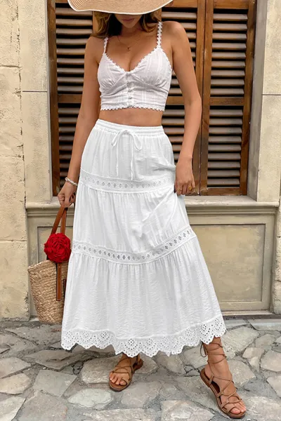 Lace patchwork skirt casual seaside holiday A-line long skirt