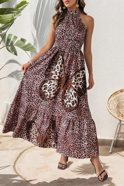 Casual holiday sleeveless halterneck butterfly pattern leopard print dress