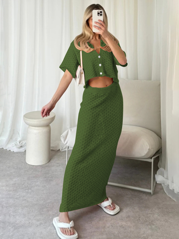 Knitted Crochet Dress Suit Multicolor Cardigan Button Skirt All-match Set-chiquechics
