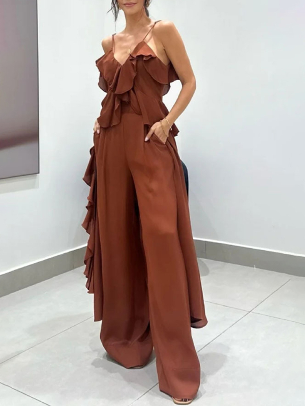 Women's solid color chiffon V-neck suspenders ruffled straight pants two-piece set-chiquechics
