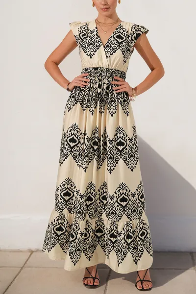 New style holiday style printed dress ethnic casual V-neck high waist flying sleeve long dress