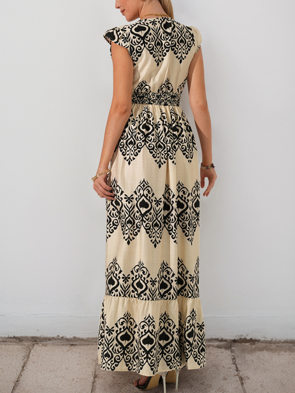 New style holiday style printed dress ethnic casual V-neck high waist flying sleeve long dress-chiquechics