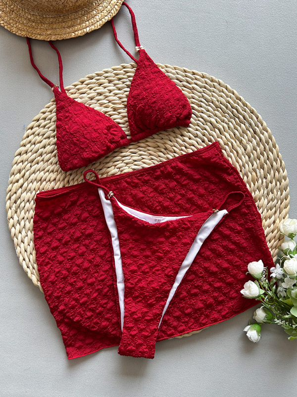 Red textured fabric bikini three piece set-chiquechics