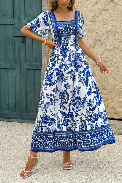 Holiday Blue Floral Print A-Line Maxi Dress