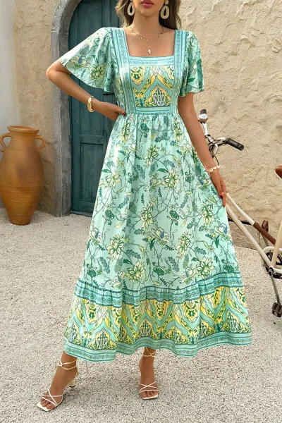 Holiday Chartreuse Floral Print A-Line Maxi Dress
