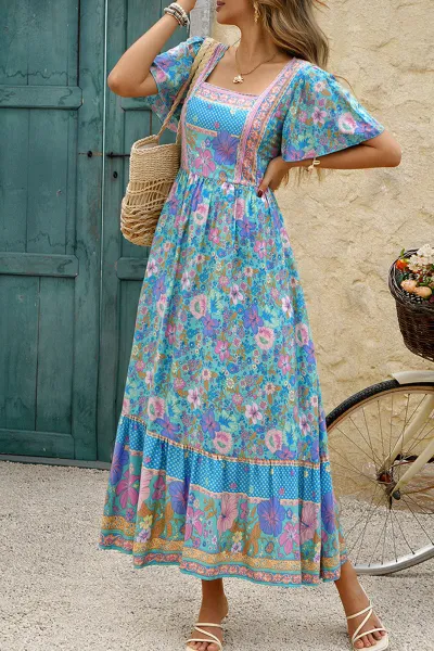 Holiday blue and pink floral print A-line maxi dress
